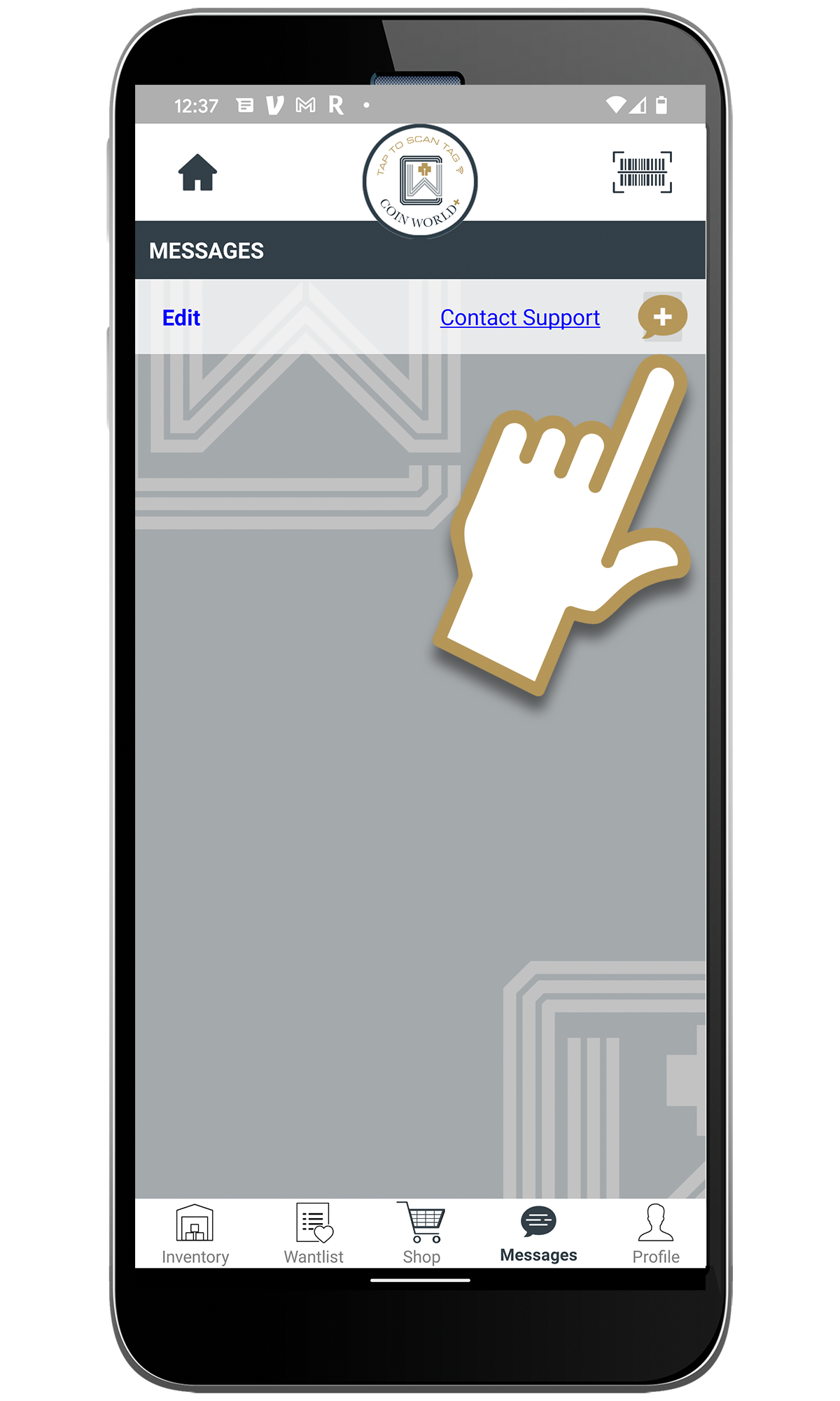 Send a message in Coin World+ mobile app